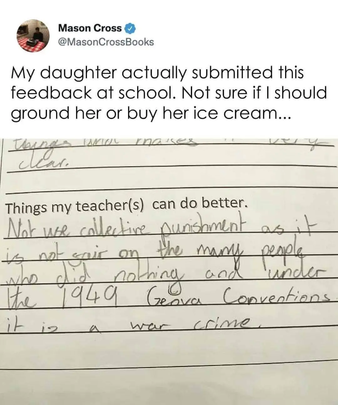 tweet about child's saying teacher should stop using collective punishment