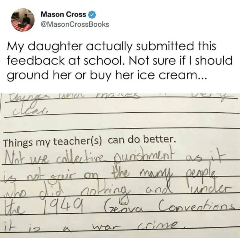 tweet about child's saying teacher should stop using collective punishment