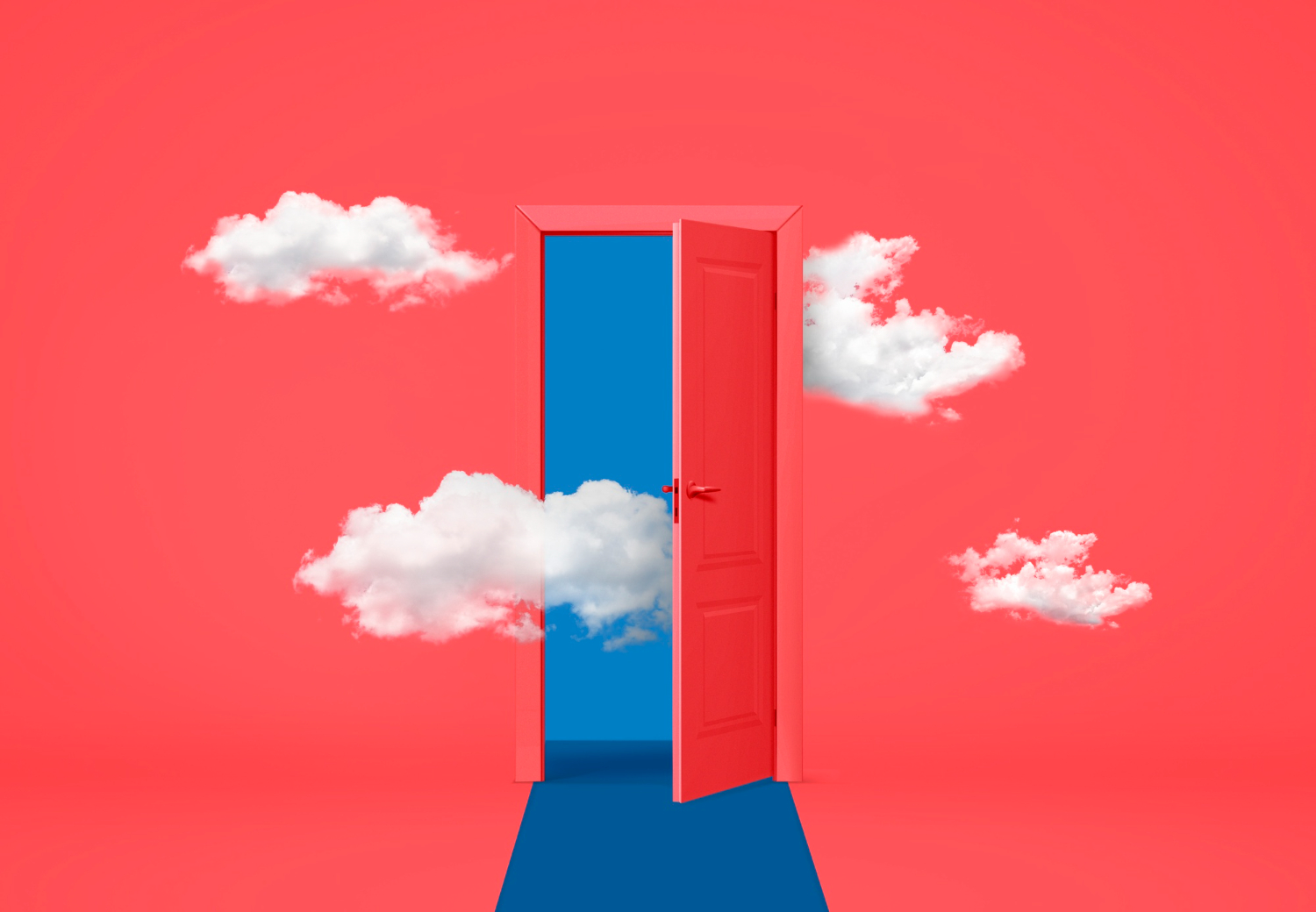 red wall, clouds, blue door