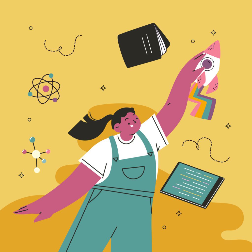 Happy woman with books and tablets