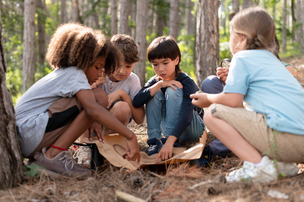 https://www.freepik.com/free-photo/children-participating-treasure-hunt_16621698.htm#fromView=search&page=1&position=38&uuid=43c89e5c-e99c-42bd-be8c-07b89d6035da&query=nature+club Kids crouched around a map