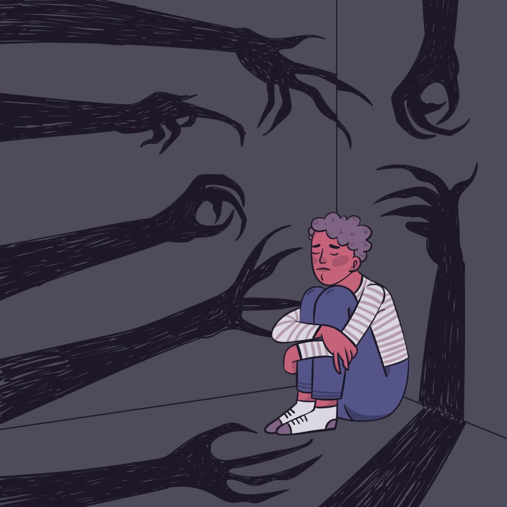 sad child with shadow monster hands reaching for them