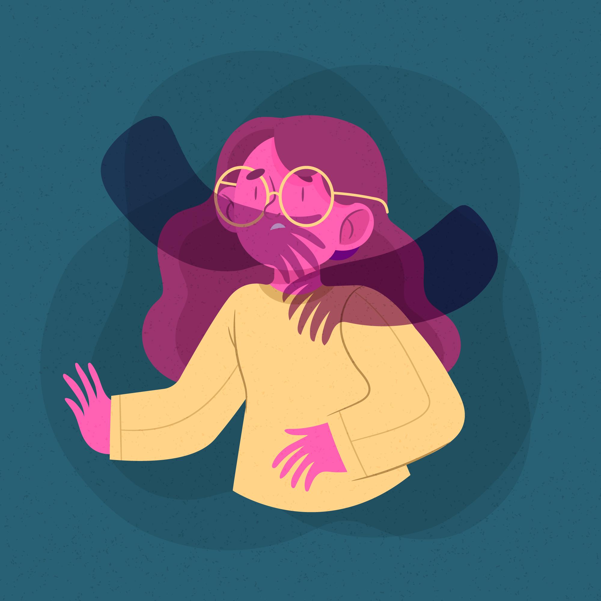 Distressed woman with hands reaching out around her,