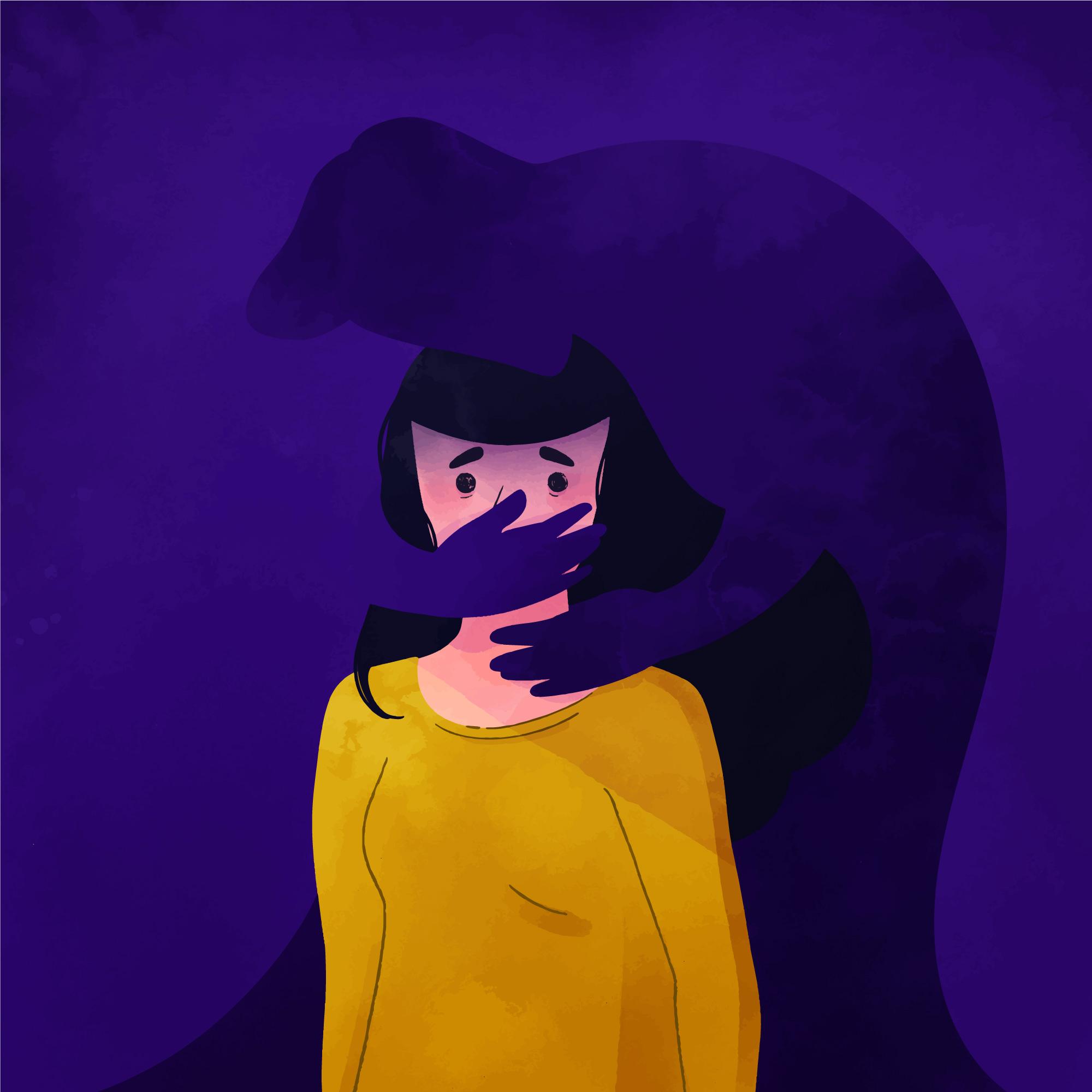 woman with ghost covering mouth