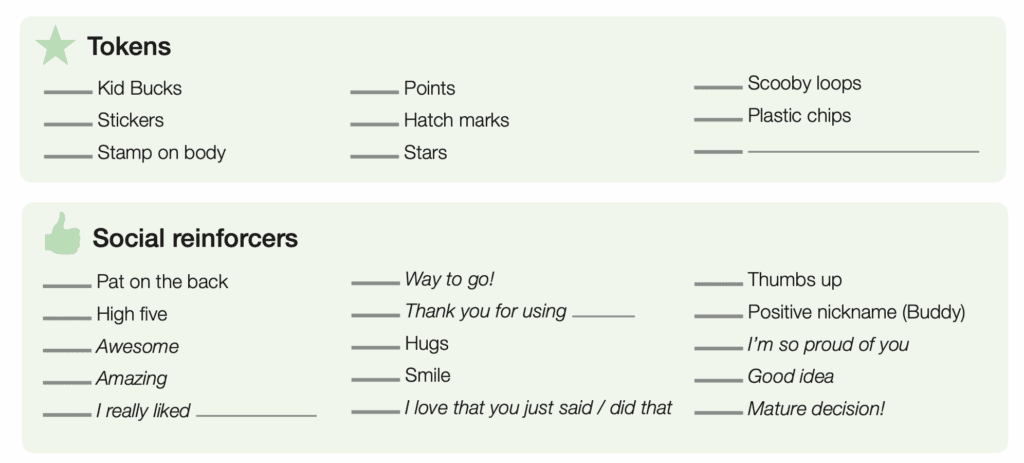 From handout from program, lists tokens and reinforcers