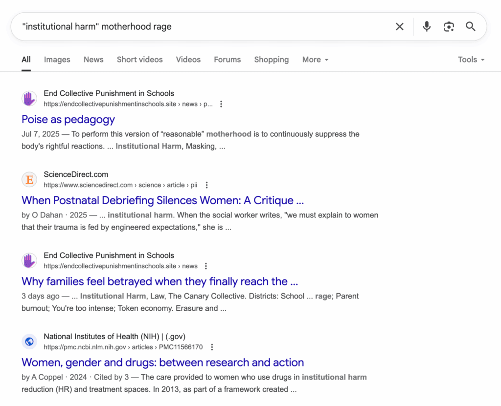 Screenshot showing "'institutional harm' motherhood rage" Google search and results lead to this website