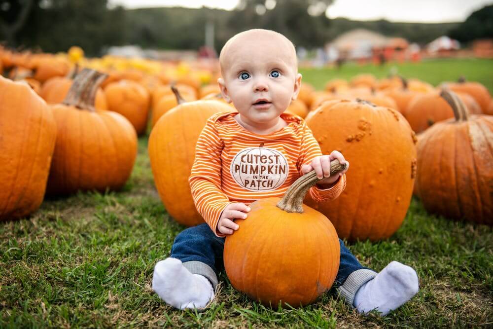 Cute baby in pumpkin patch