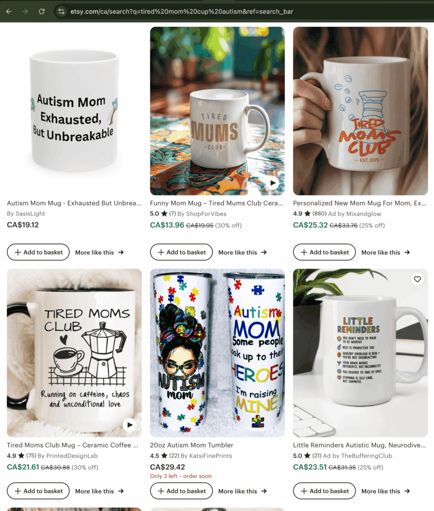 screenshot from Etsy of mugs for resilient moms