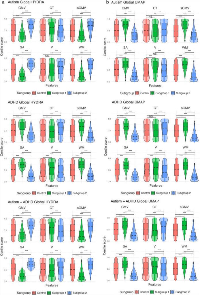 Subgrouping autism and ADHD based on structural MRI population modelling centiles