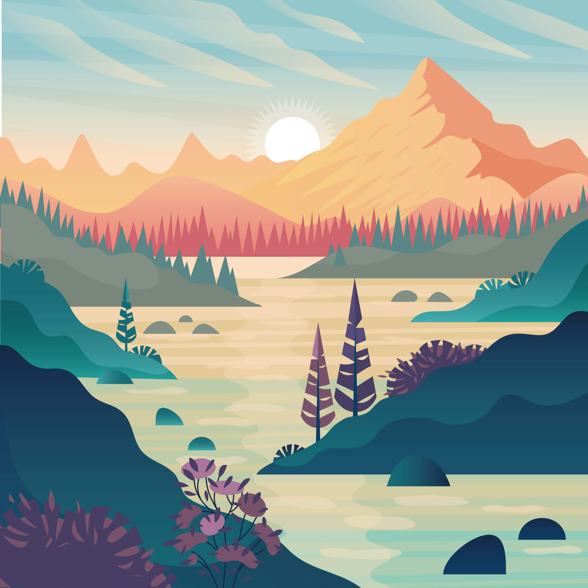 cartoon drawing of lake and mountains