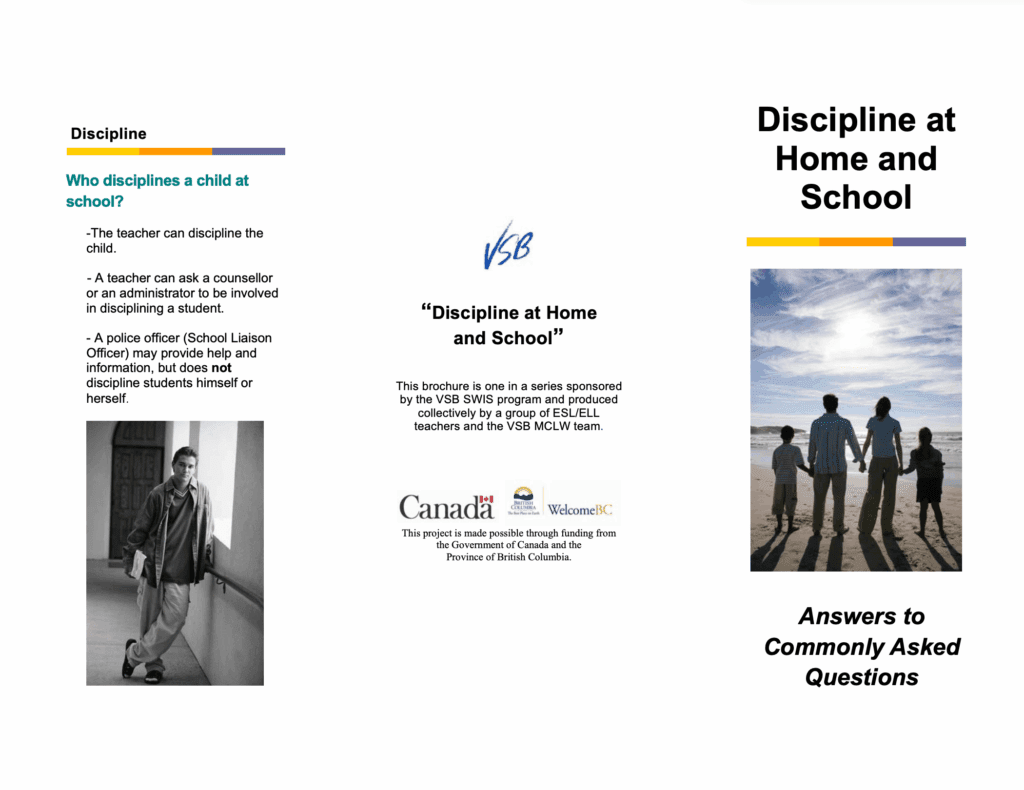 Brochure cover outlining discipline rules at Vancouver School Board https://media.vsb.bc.ca/docs/a0c005c9-79c3-407b-abb0-68fb6ce0108e_Discipline%20at%20Home%20and%20School.pdf