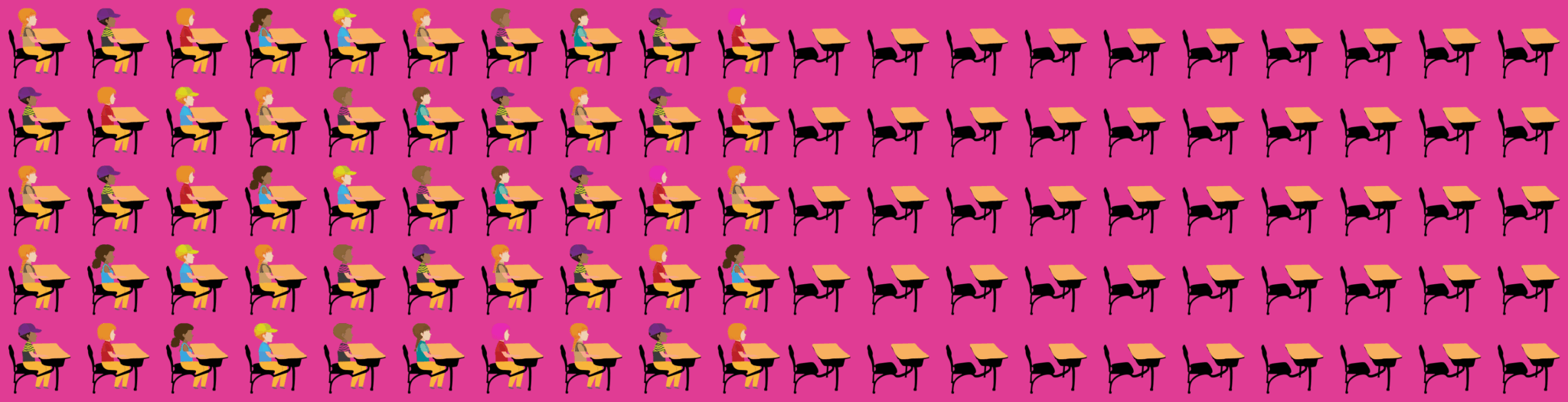 Row after row of students sitting at desks in a classroom, on a pink background with half empty.