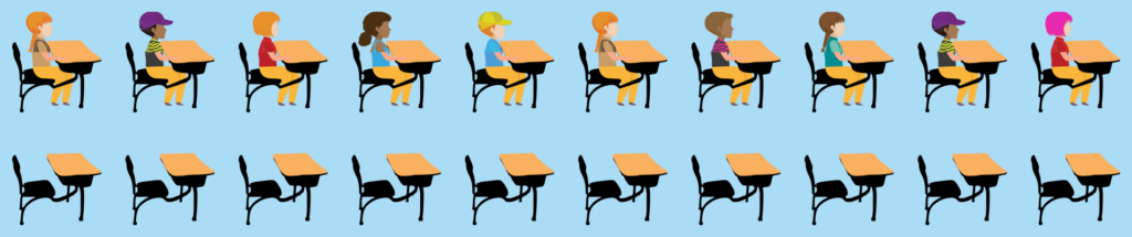 Row of students sitting at desks in a classroom, alternating with empty desks on a blue background.