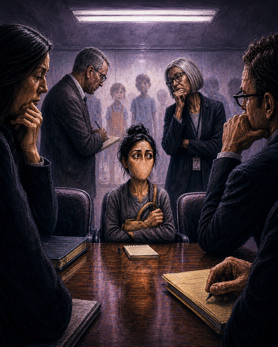 A mouthless parent advocate sits small and tense at a school meeting table, clutching a bag while professionals loom around her and ghostly children stand behind glass.