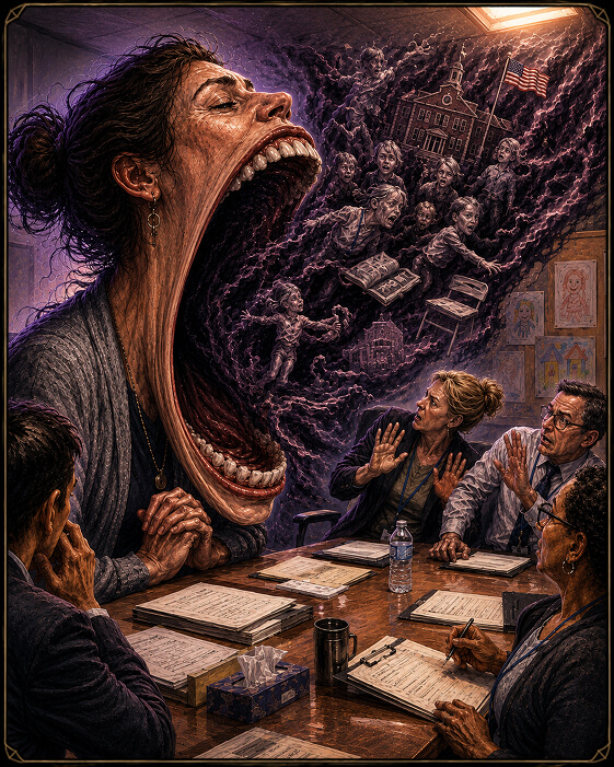 A giant parent advocate with an enormous open mouth releases a dark archive of children, school buildings, desks, and records while staff recoil around a meeting table.