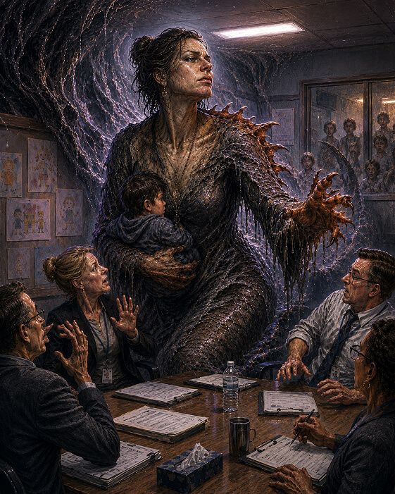A protective sea-monster mother holds a child in a school meeting room, her scaled body and clawed hand towering over frightened staff seated around paperwork.