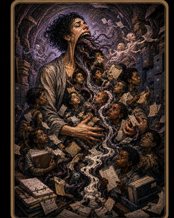 A protective sea-monster mother holds a child in a school meeting room, her scaled body and clawed hand towering over frightened staff seated around paperwork.
