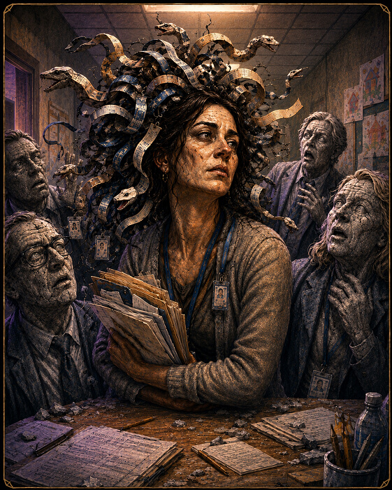 A Medusa-like parent advocate with paper-snake hair clutches school records while petrified staff stare in fear around a cluttered meeting table.
