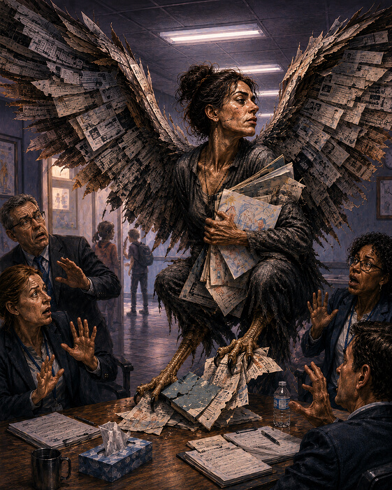 A harpy-like parent advocate perches on a meeting table with talons and vast wings made of school documents, clutching children’s drawings as staff recoil.