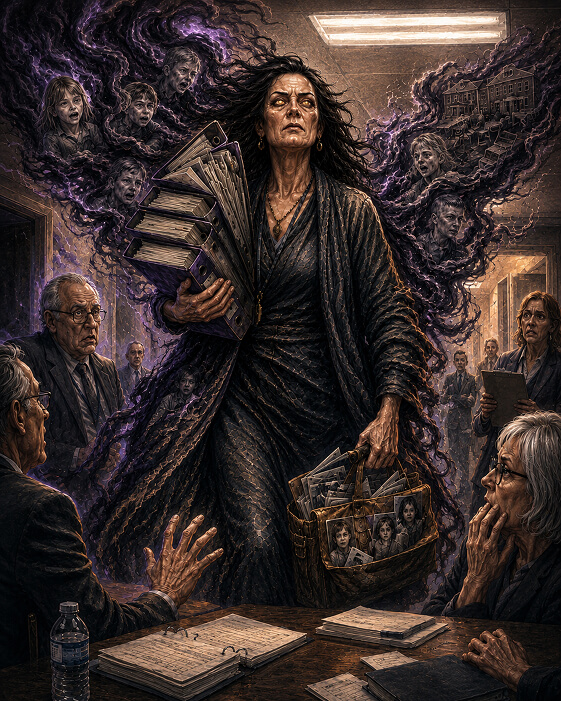 A towering parent advocate carries binders and a bag of children’s photographs through a school meeting room as ghostly children emerge from dark smoke behind her.