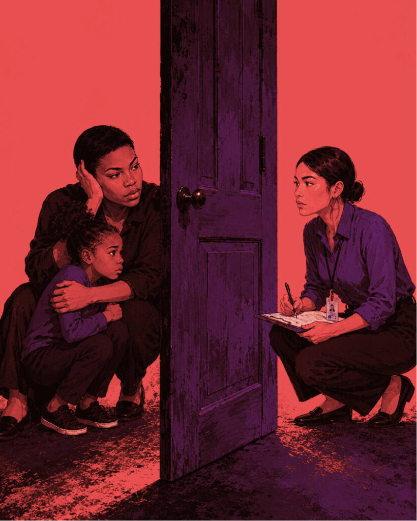woman and child on one side of the door and teacher on the other