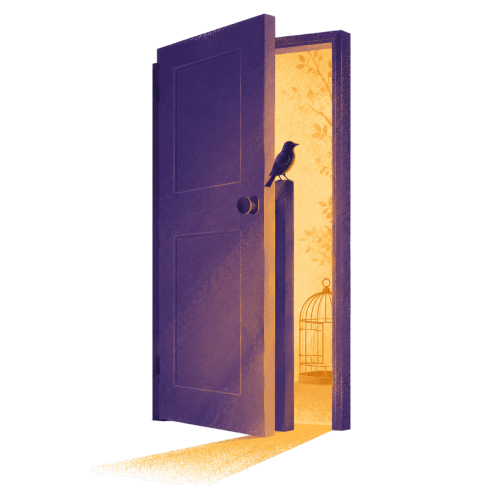 door ajar with canary perched on other side