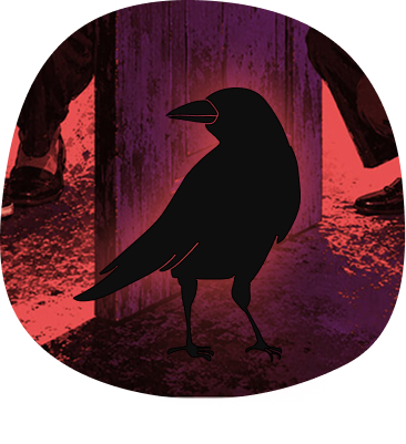 crow standing in front of door