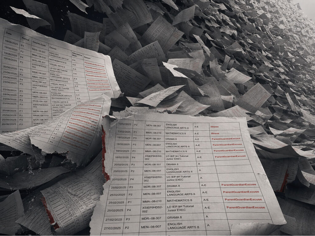 absence records in piles, looking ragged