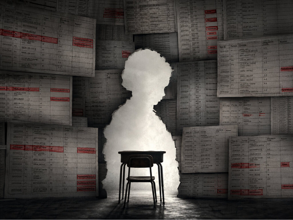absence records on wall with boy-shaped cutout