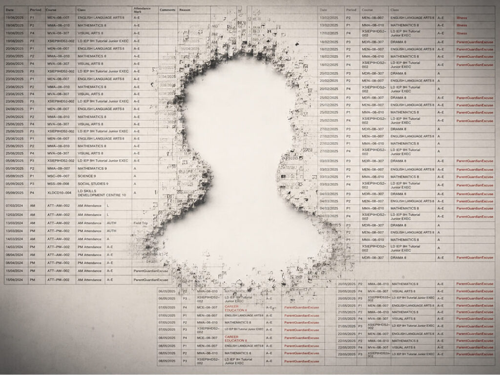 absence records on wall with boy-shaped cutout