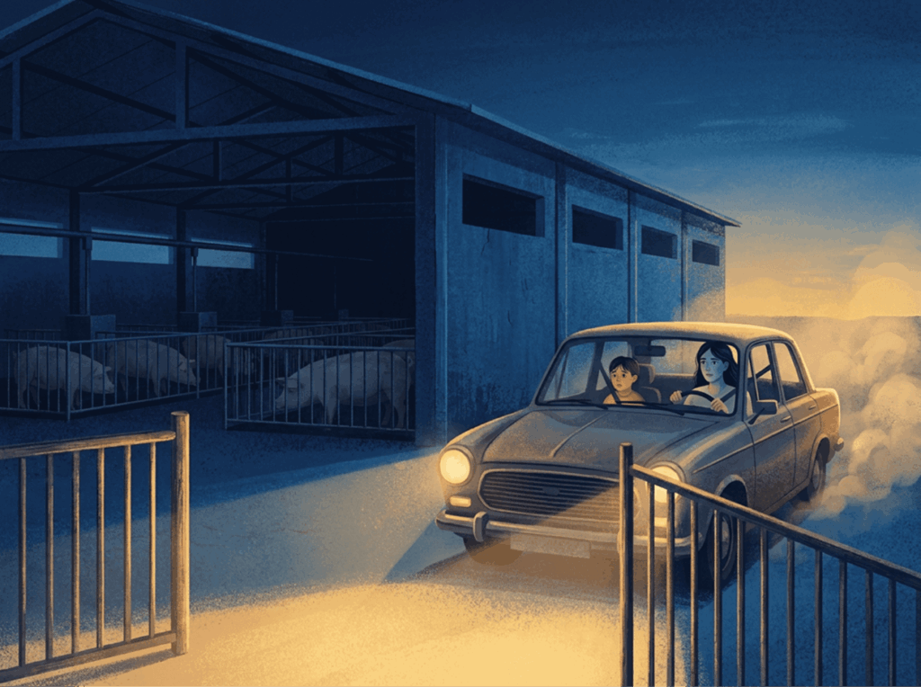 Woman and child driving away from pig farm